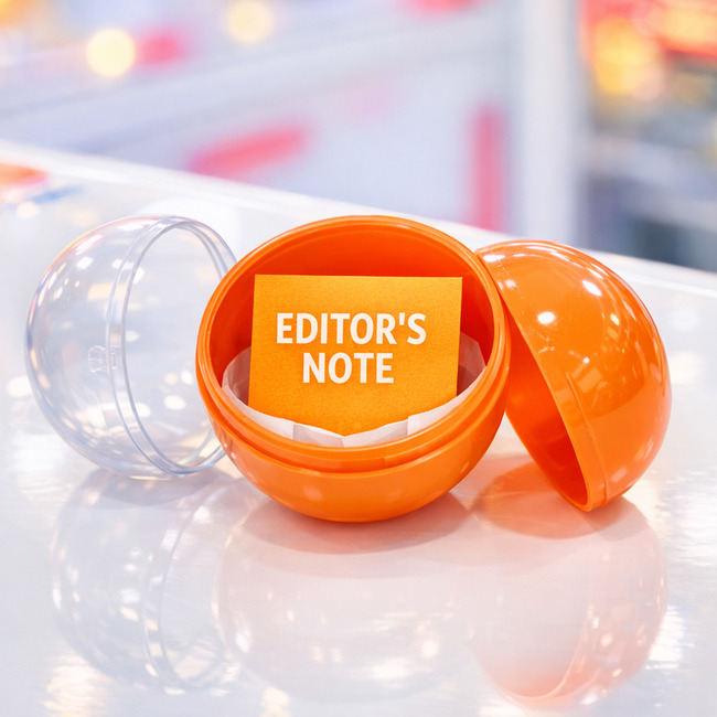 open orange gacha capsule with "EDITOR'S NOTE" sticky note inside on arcade table