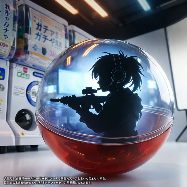 如月れんをイメージしたFPSプレイヤーのシルエットが入ったガチャカプセル。ヘッドセットと銃を構えた姿が特徴的。