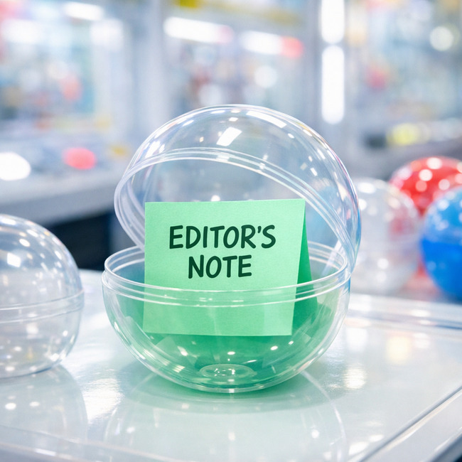 ガチャカプセルの中にミントグリーンの付箋「EDITOR'S NOTE」が入ったVTuber部の編集者ノートのアイキャッチ画像