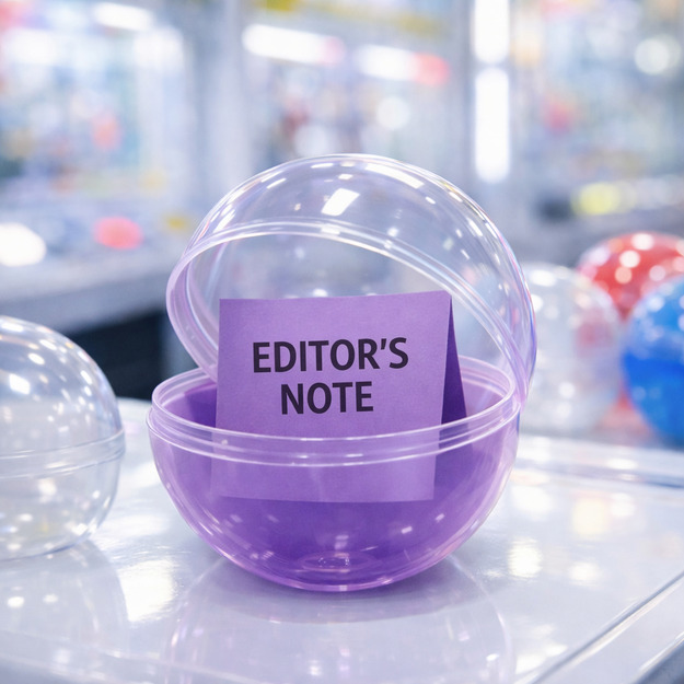 紫のカプセルに「EDITOR'S NOTE」と書かれた紙が入ったガチャのイメージ