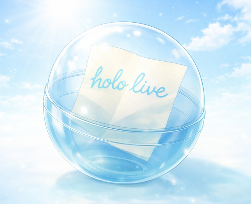 水色の文字でholo liveと書かれた紙が入ったガチャカプセルのイラスト
