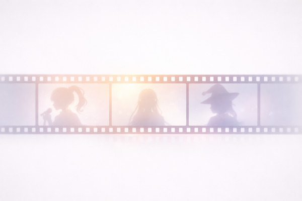 淡い光に包まれたフィルムの一部が静かに浮かび上がる、ホロライブ0期生の始まりをイメージしたビジュアル