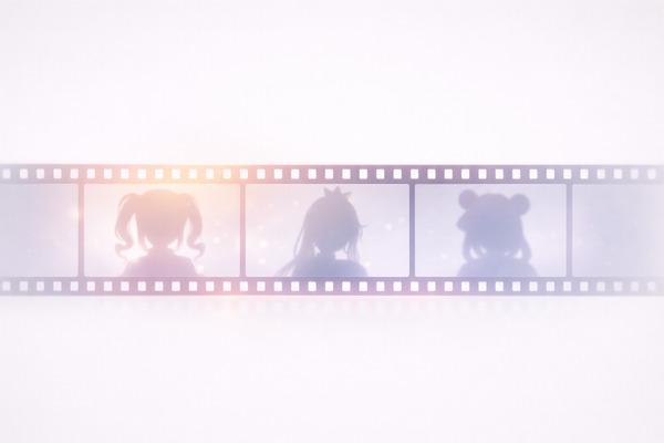 やや強まった光が一部を照らすフィルムの流れが、ホロライブ1期生の試行錯誤の時代を表現したビジュアル