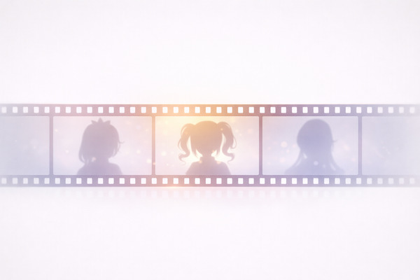 中央のフレームにしっかりと光が差し込むフィルムの流れが、ホロライブ2期生の形が整い始めた時代を表現したビジュアル