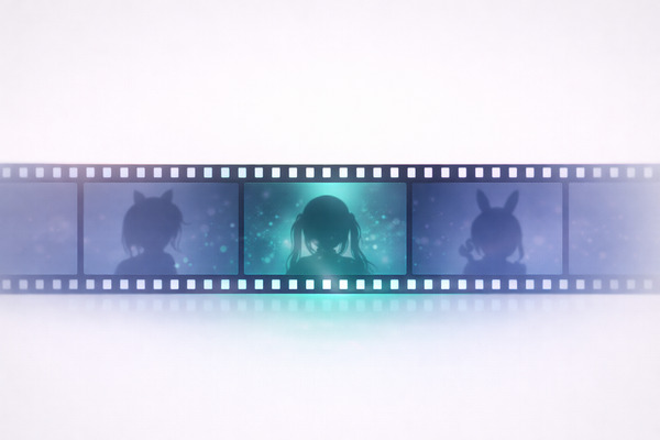 中央のフレームに落ち着いた青緑の光が差し込むフィルム構図が、ホロライブ4期生の関係性と深さを表現したビジュアル