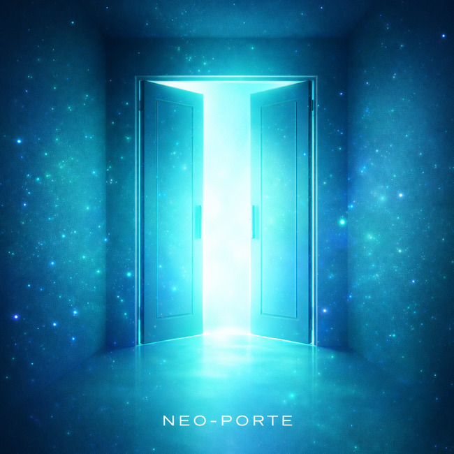 シアンとブルーグリーンの光に包まれた扉と「NEO-PORTE」の文字が配置された、VTuber文化の入口をイメージしたビジュアル