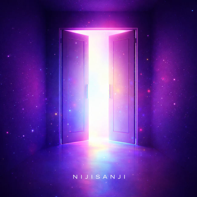 紫とネオンカラーの光が差し込む扉と「NIJISANJI」の文字が配置された、VTuber文化の入口をイメージしたビジュアル