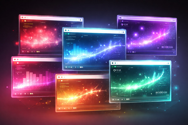 暗い背景の中に複数の配信ウィンドウが浮かぶ構図が、にじさんじ1期生の同時に始まった配信文化を表現したビジュアル