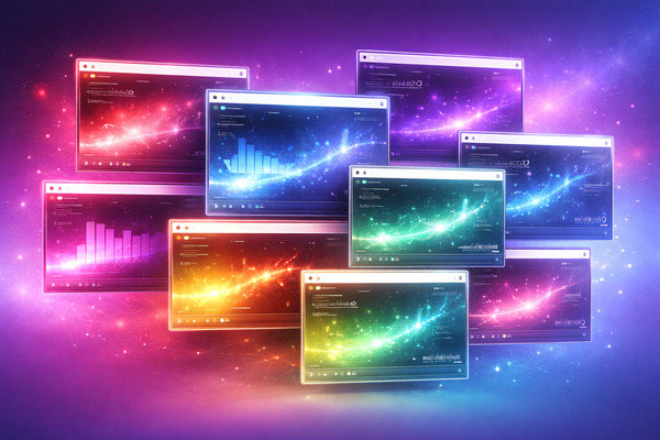 グラデーション背景の中で増えた配信ウィンドウが重なり合う構図が、にじさんじ2期生の拡張する配信文化を表現したビジュアル