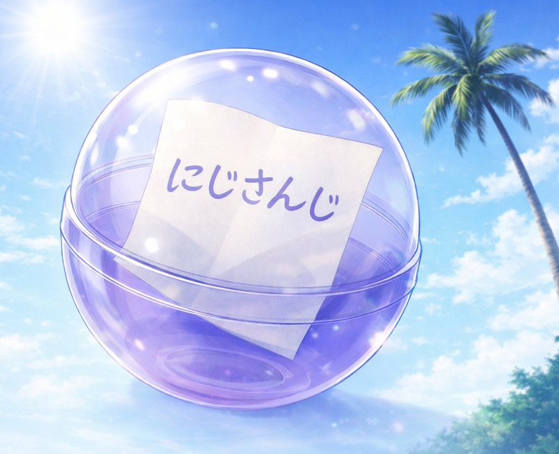 にじさんじをイメージした紫のガチャカプセルと夏空のアイキャッチ画像