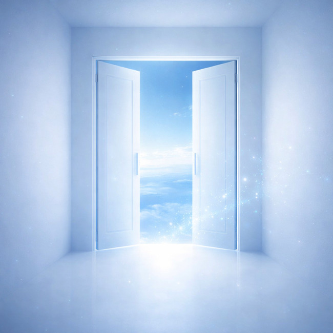青い光に包まれた扉の先に空と広がりが見える、EN VTuberという世界への入口をイメージしたビジュアル