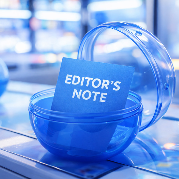 開いたガチャカプセルの中にEDITOR'S NOTEのメモが入ったVTuber列伝の編集者記事アイキャッチ(青)