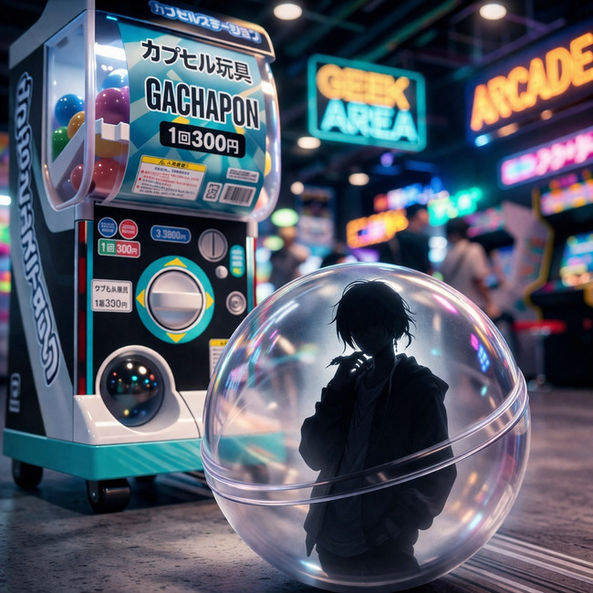 ガチャカプセルの中にいる中性的なVTuberシルエット