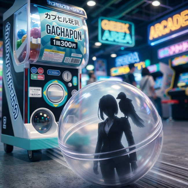 ガチャカプセルの中に立つスーツ姿と鳥のシルエットのVTuber