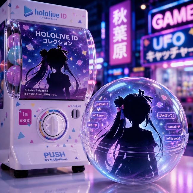 ネオン輝く秋葉原風ゲームセンターに置かれたガチャカプセルの中に、アイラニ・イオフィフティーンをイメージしたシルエットが浮かぶビジュアル